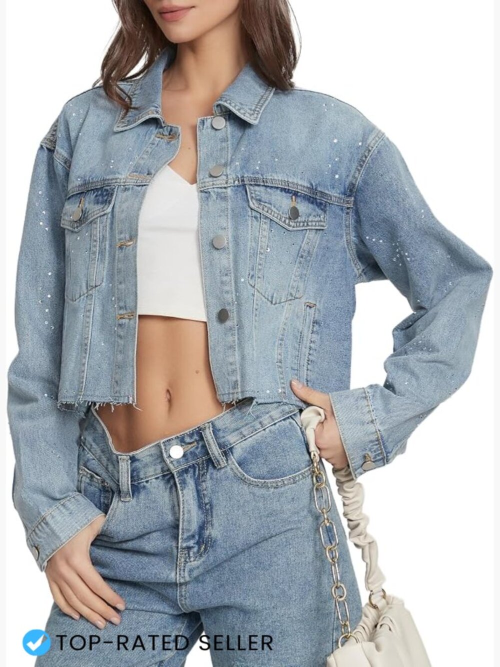 Cropped Denim Jacket Rhinestone Bling Raw Hem Y2K Streetwear Party Going Out